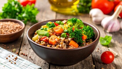 Healthy grains with vegetables in a dark bowl on a rustic wooden table