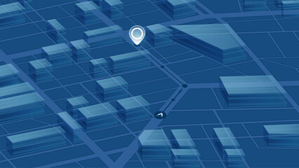Isometric blue city map background with 3D transparent buildings and white GPS navigation pin. Vector illustration.