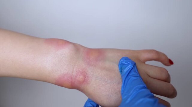 Close-up of a swollen wrist with visible redness, inflammation, and skin irritation caused by an insect bite or allergic reaction. The hand shows signs of rash, itching, and local pain, typical of mos