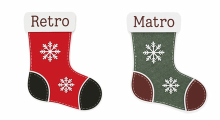 Charming illustration of two vintage-inspired holiday stockings, one deep red and one muted green, each embellished with intricate snowflake designs, perfect for seasonal celebrations and winter cheer