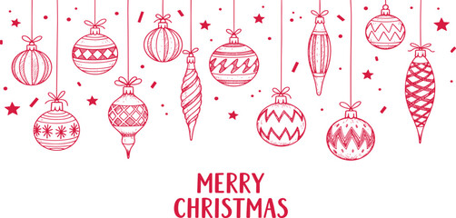 Festive hand-drawn Christmas ornaments in pink hanging from above with Merry Christmas text