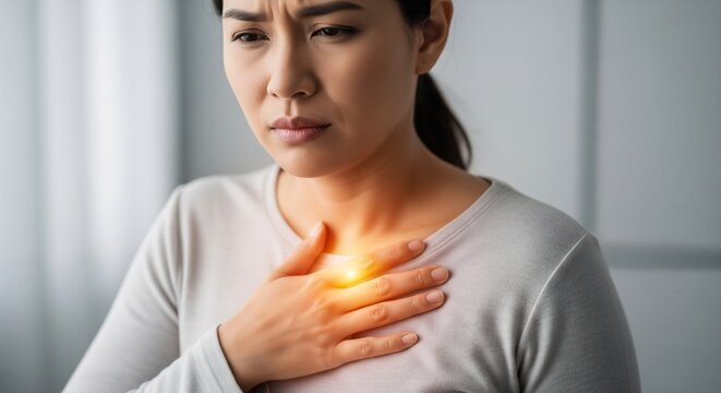 Asian woman suffering from severe chest pain or burning sensation due to heartburn