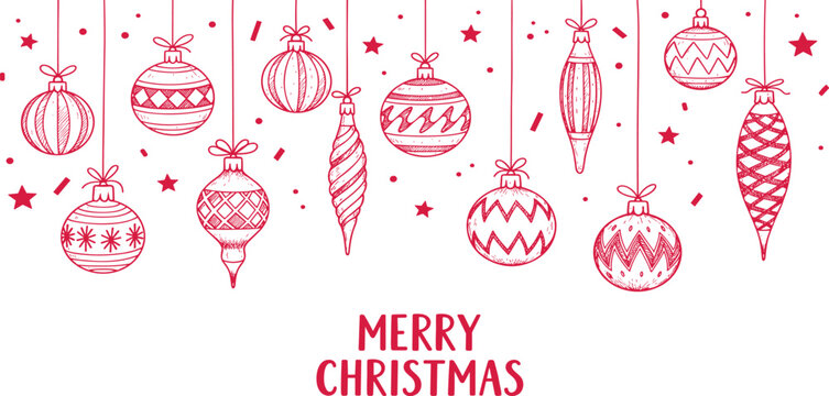 Festive hand-drawn Christmas ornaments in pink hanging from above with Merry Christmas text