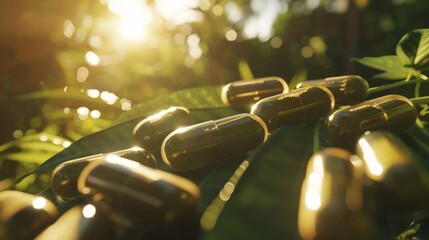 Capsules of supplements, golden glow, lying on lush green leaves, sunlight filtered