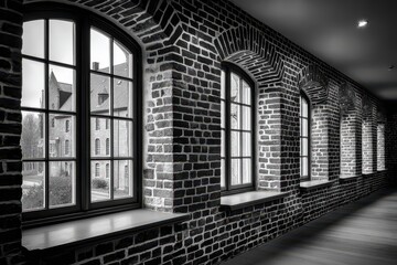 Obraz premium Elegant black and white corridor with arched windows revealing a historic building exterior.