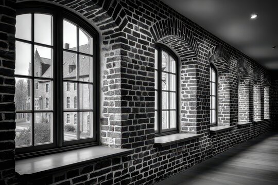 Elegant black and white corridor with arched windows revealing a historic building exterior.