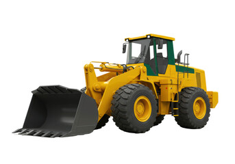 Massive modern safety yellow front loader with chrome hydraulics and oversized tires, captured in a high-key studio product shot on a transparent infinity background, industrial engineering showcase