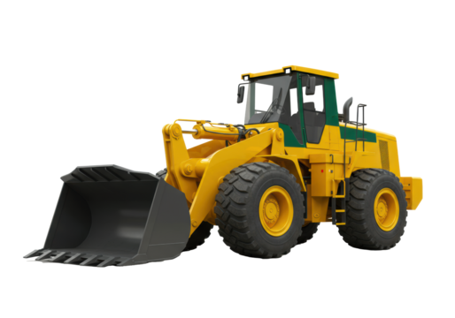 Massive modern safety yellow front loader with chrome hydraulics and oversized tires, captured in a high-key studio product shot on a transparent infinity background, industrial engineering showcase