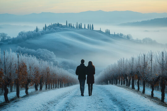 A couple walks through a frosty vineyard at dawn, surrounded by rolling hills and majestic cypress trees, capturing the essence of romance and tranquility in nature. - Powered by Adobe