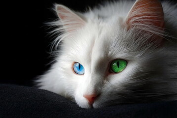 Close-up of a white cat with different colored eyes (blue and green), heterochromia. Portrait.