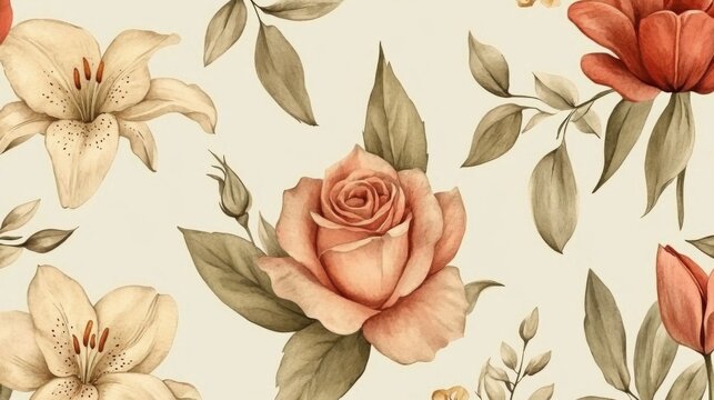 Romantic floral background design with watercolor roses and lilies pattern