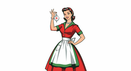 Elegant retro woman in a festive holiday dress and apron, showcasing a beautiful Christmas ornament with a cheerful smile