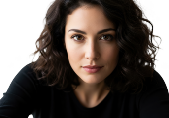 A close-up portrait of a woman with curly hair and a soft expression, beautiful, black, brunette, cosmetic, curl, eye, face, girl, hair, head, portrait, pose, stare, veil, wear, woman 