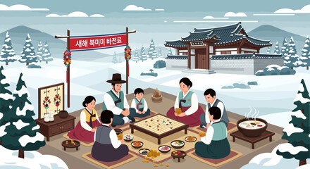 A heartwarming illustration of a Korean family celebrating Lunar New Year, playing traditional games and sharing festive meals in a snowy winter setting