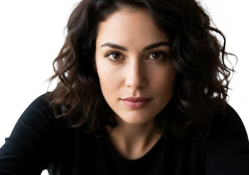 A close-up portrait of a woman with curly hair and a soft expression, beautiful, black, brunette, cosmetic, curl, eye, face, girl, hair, head, portrait, pose, stare, veil, wear, woman