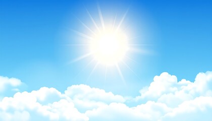 Cartoon view, bright sun shining amidst fluffy white clouds under a vivid blue sky, evokes a sense of calm