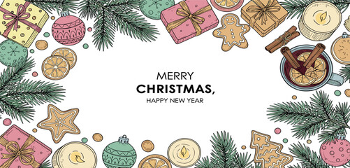 Hand-drawn Christmas holiday frame with gifts, gingerbread cookies, mulled wine, and fir branches on a white background
