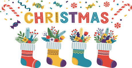 Festive Christmas Stockings Display Adorned with Floral Arrangements and Colorful Decorations