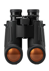 High-end compact field binoculars with orange details isolated on a white background with professional studio lighting. Concept of precision observation equipment
