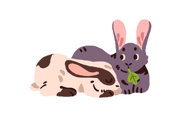 Cute rabbits eat and sleep together. Fluffy bunnies with long ears are lying. Funny domestic hares have a rest. Happy baby farm animals. Flat isolated vector illustration on white background.