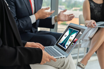 Graphic designer software for modern design of web page and commercial ads showing on the computer screen
