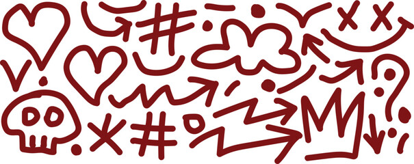 Red hand drawn doodle icons and symbols pattern isolated on transparent background