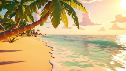 Vibrant Cartoon Tropical Beach Sunset with Palm Trees, Golden Sand, and Ocean Waves - Powered by Adobe