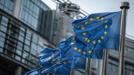 EU Flags Wave Proudly in Front of the European Parliament Building in Brussels