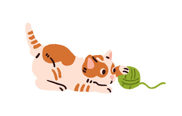 Happy kitten plays with ball of yarn. Cute baby cat has fun with wool. Naughty and curious little kitty. Funny pet, amusing domestic animal. Flat isolated vector illustration on white background.