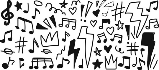 Hand drawn doodle pattern of music note symbols and lightning isolated on transparent background