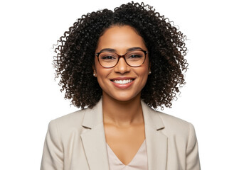 Professional confident woman with curly dark hair wearing glasses smiling brightly in studio portrait transparent background
