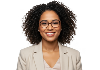 Professional confident woman with curly dark hair wearing glasses smiling brightly in studio portrait transparent background