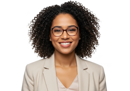 Professional confident woman with curly dark hair wearing glasses smiling brightly in studio portrait transparent background