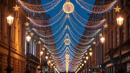 A beautifully illuminated city street adorned with sparkling christmas lights and festive decorations at night