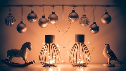 Warm and cozy christmas decoration featuring glowing lanterns, festive ornaments, a rocking horse, and a bird