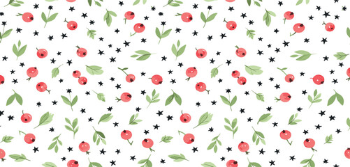 Whimsical Pattern of Red Berries and Green Leaves Scattered Across a White Background with Tiny Black Stars