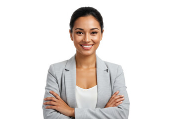 Confident young professional woman with dark hair smiling arms crossed in a grey blazer png transparent background