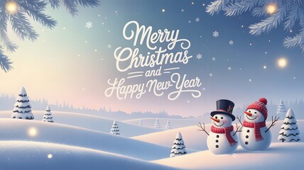 Merry christmas and happy new year greeting card with two cheerful snowmen in a snowy winter landscape