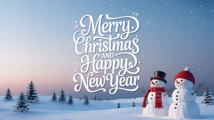 Cheerful snowmen in a snowy winter landscape with pine trees, celebrating merry christmas and happy new year