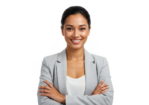 Confident young professional woman with dark hair smiling arms crossed in a grey blazer png transparent background - Powered by Adobe