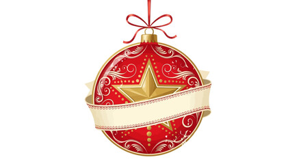 Sparkling red and gold Christmas decoration with intricate patterns, a prominent star, and an empty ribbon scroll, ready for personalized holiday messages