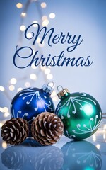 Merry christmas greeting card with festive blue and green ornaments, pinecones, and sparkling bokeh lights