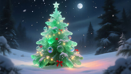 Obraz premium A festive Christmas tree decoration in the winter snow, adorned with a star and ornaments, perfect for a New Year holiday card illustration
