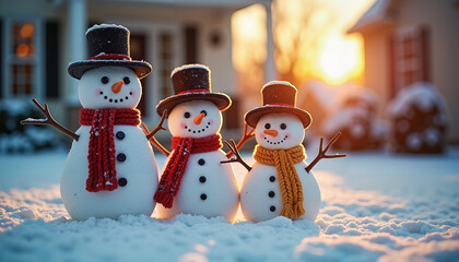 Three snowmen wearing hats and scarves in winter snowy backyard  