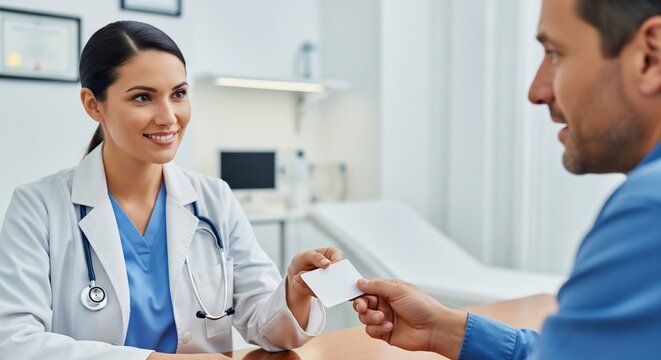 Female doctor handing a blank health insurance or business card to a male patient during consultation.