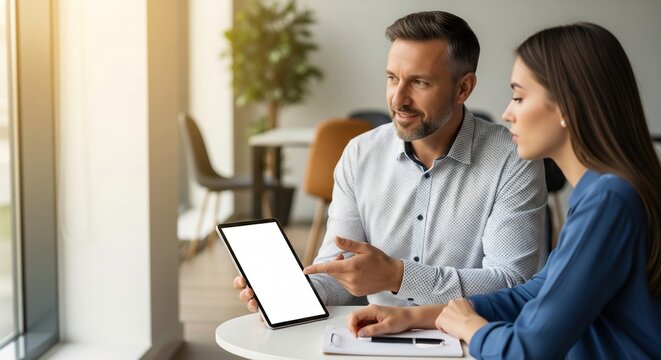 Professional colleagues discussing data on a tablet with a white mockup screen in a modern office. - Powered by Adobe