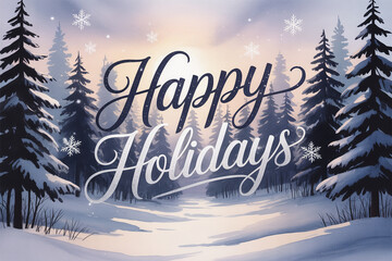 Enchanting winter scene evokes happy holidays with snow-covered trees and delicate snowflakes, perfect for festive greetings and seasonal promotions to warm the soul