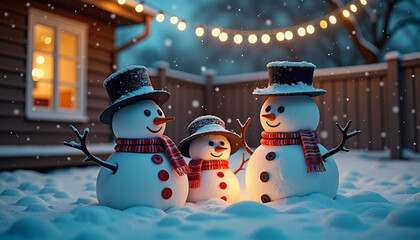 Three snowmen smiling and celebrating in snowy backyard with lights  