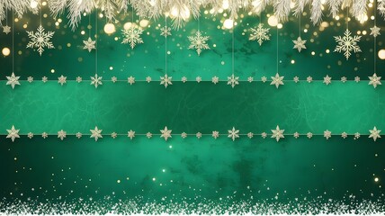 Elegant green christmas background with golden snowflakes, glitter, and festive lights for holiday season celebrations