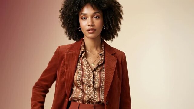 70's style clothing - A stylish woman poses confidently in a rust-colored suit, featuring a patterned shirt underneath, with her curly hair framing her face against a soft gradient background
